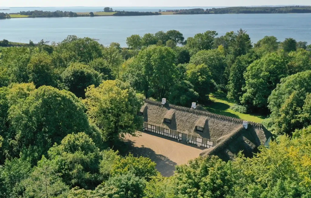 Udsigt fra luften over skov, vand og sommerhus ved Nr. Aaby